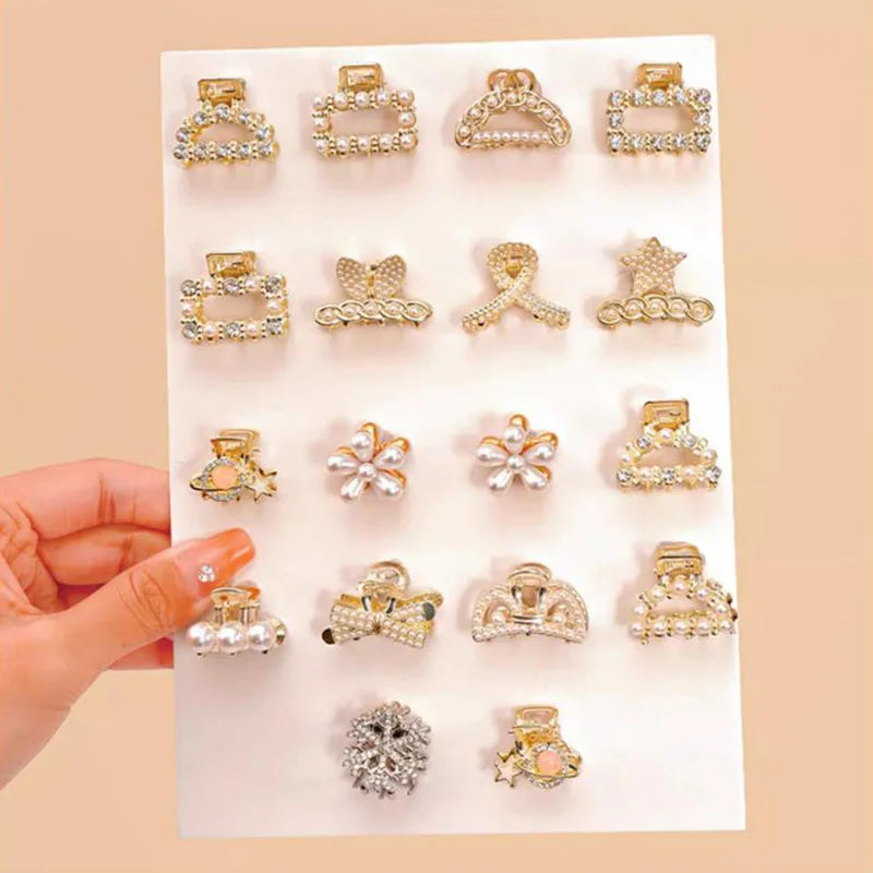 6/8/10PCS/Set Small Rhinestone Pearls Geometric Metal Hair Claws For Women Girls Sweet Mini Hair Clips Hairpins Hair Accessories - Clikcy