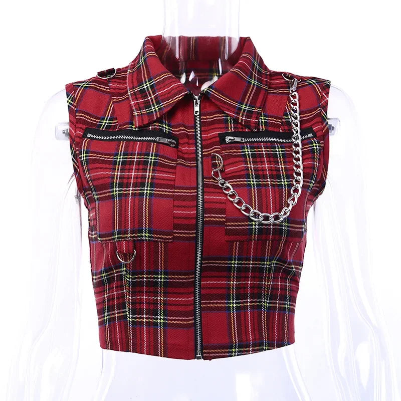 Plaid Punk Streetwear Zipper Chain Plaid Female Goth Retro Hi Hop Camis Top Gothic Chic Sexy Crop Tops Women T-shirt - Clikcy
