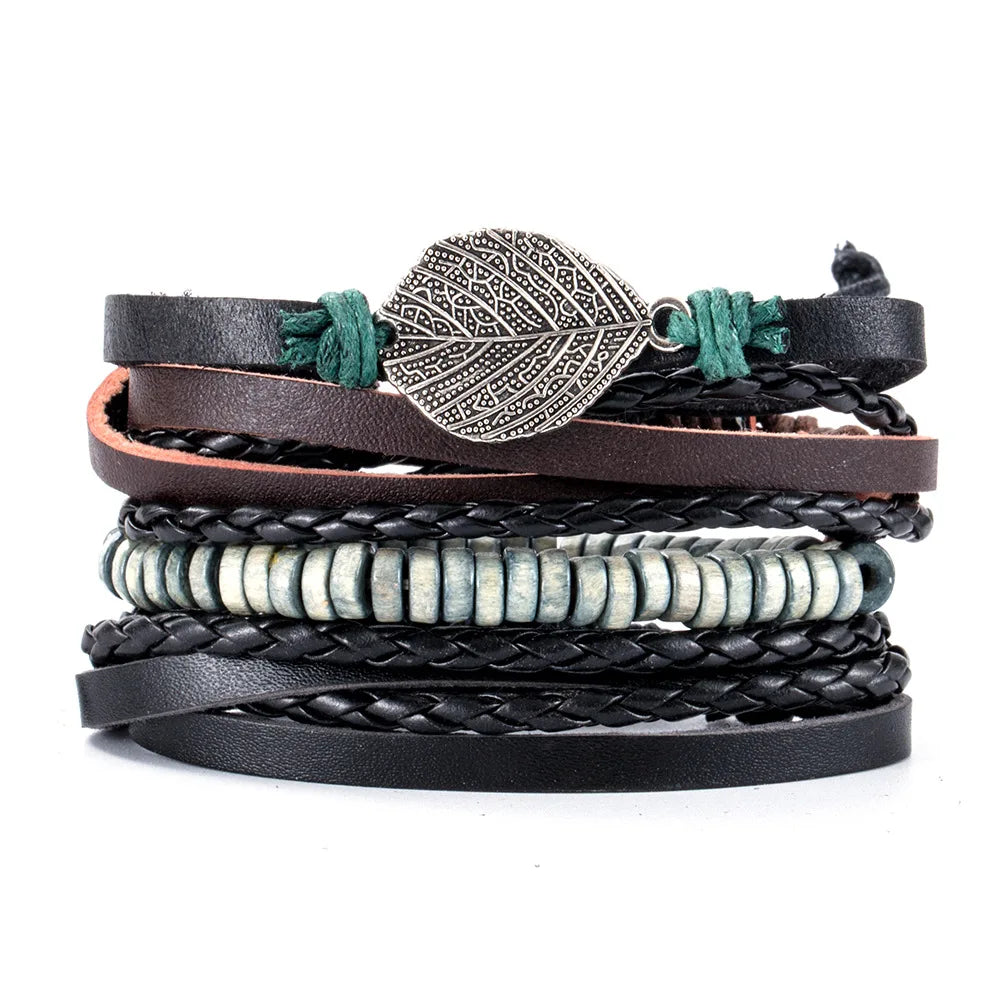 Vintage Leather Hand-knitted Couple Bracelet Set for Men Women Personality Design World Tree Bangle Jewelry Accessories Gift - Clikcy