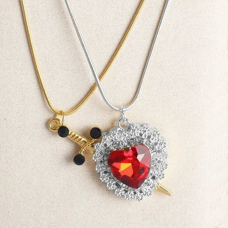 LATS 2pcs Can Be Assembled Heart and Sword Zircon Pendant Necklace for Women Men Couple Silver Gold Plated Choker Chain Jewelry - Clikcy
