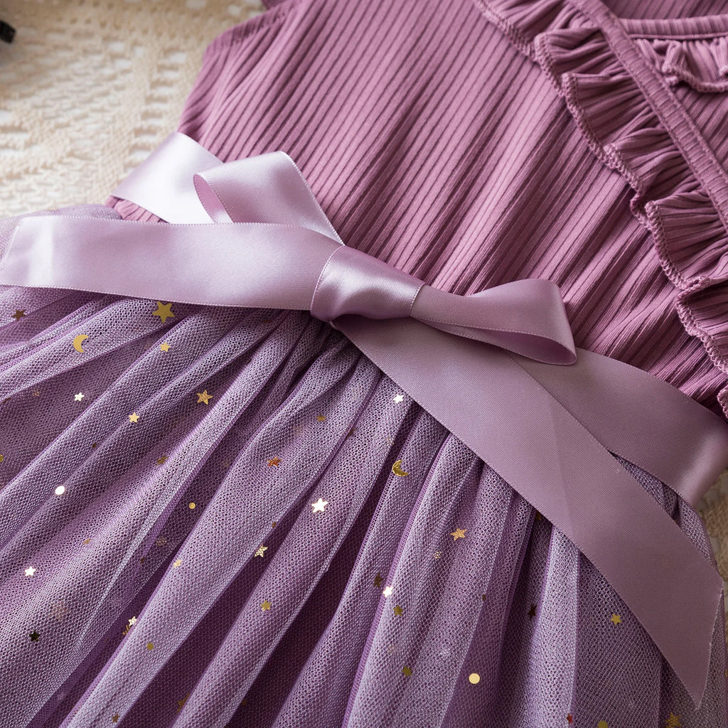 New Children's Dress for 3-8 Yrs Summer Dress Lotus Leaf Edge Design Bow Lace Up Star Sequin Sweet  Tulle Kids Dresses for Girls - Clikcy