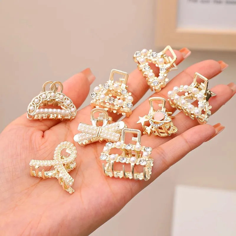 6/8/10PCS/Set Small Rhinestone Pearls Geometric Metal Hair Claws For Women Girls Sweet Mini Hair Clips Hairpins Hair Accessories - Clikcy