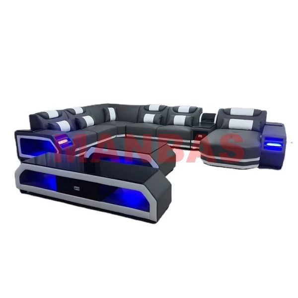 MANBAS Italian Genuine Leather Sectional Sofa with LED Lights | Futuristic Furniture U Shape Couch Living Room Big Sofas Set - Clikcy