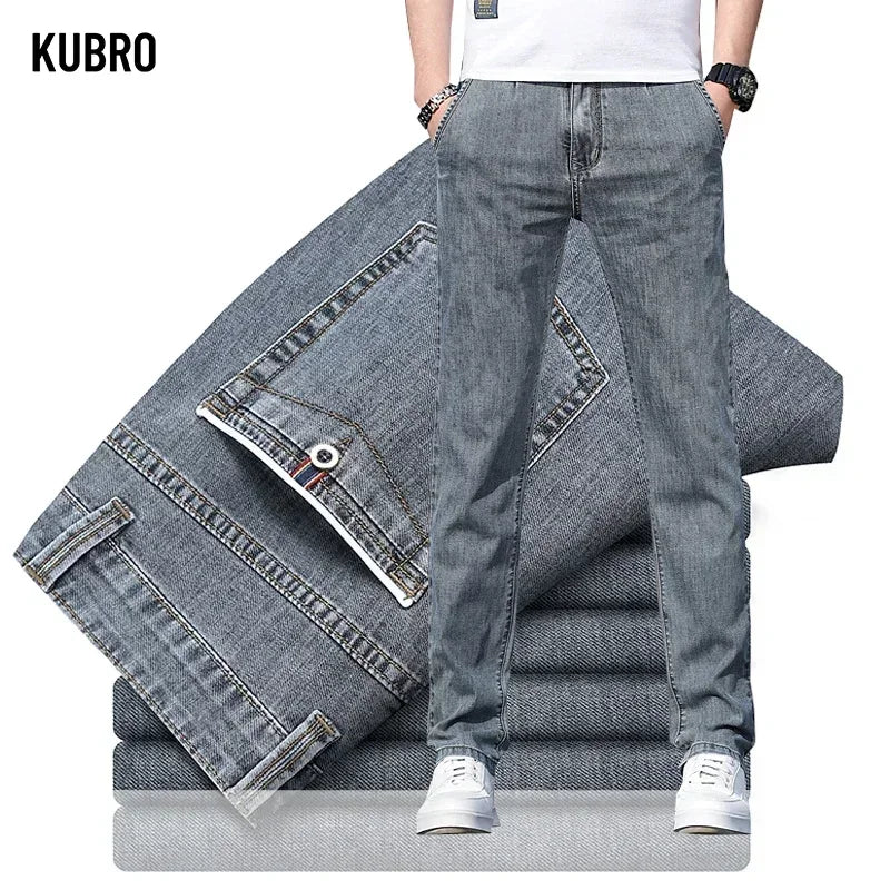 KUBRO 2024 Summer New Men's Loose Stretch Gray Jeans Fashion Casual Stretch Straight-leg Denim Pants Male Light Blue Brand - Clikcy