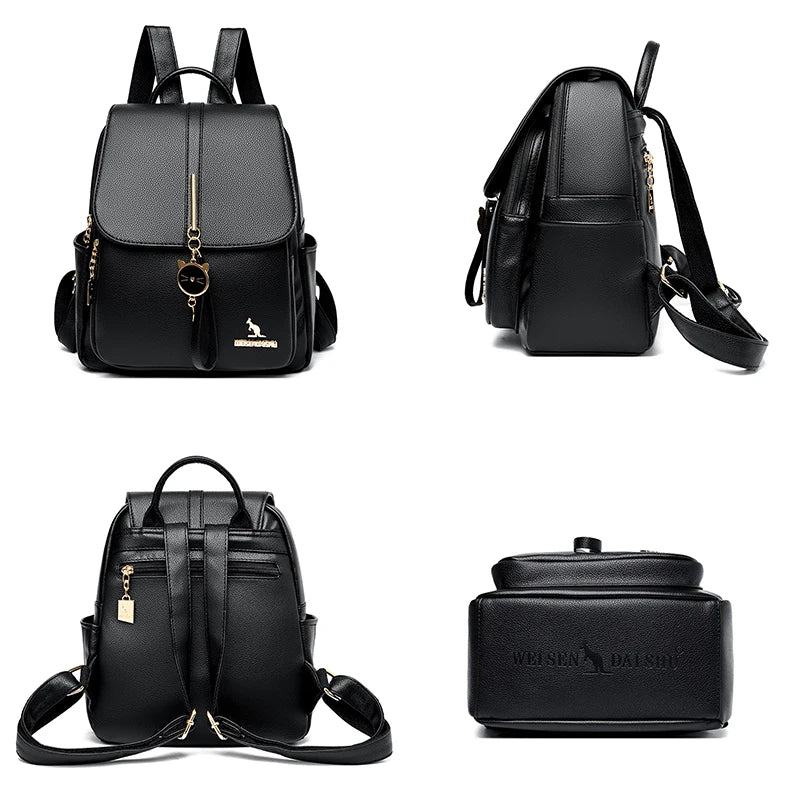 College Women Backpack Designer Soft Leather Vintage Packbag Female Travel Back Pack School Bags for Teenage Girls Shoulder Bag - Clikcy