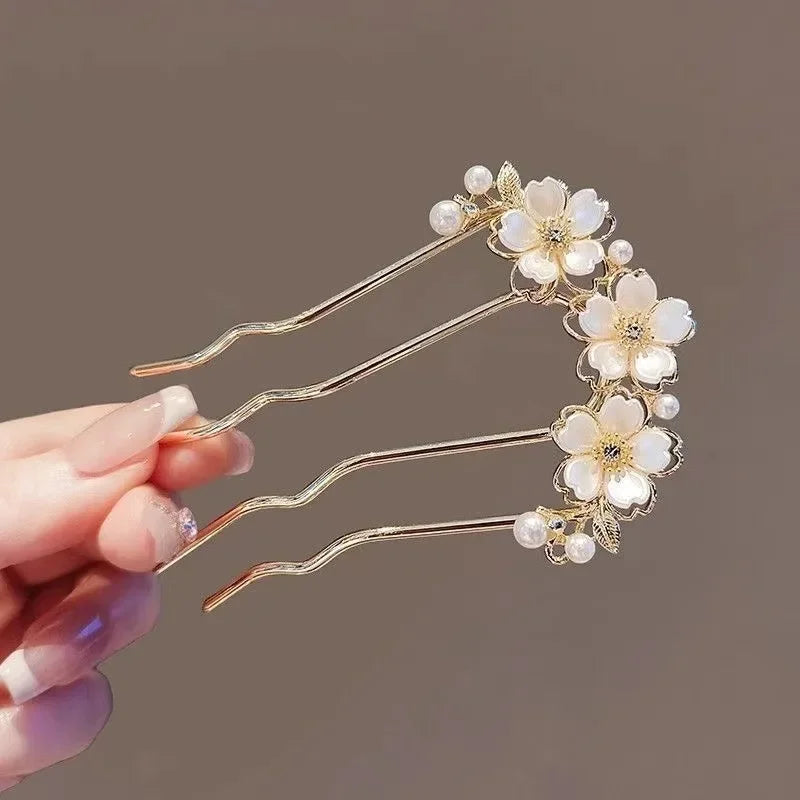 Pearl Flower Wavy Hair Combs for Women Elegant Forest Style U-shaped Hairpin High-end Metal Bun Head Hair Clasp - Clikcy
