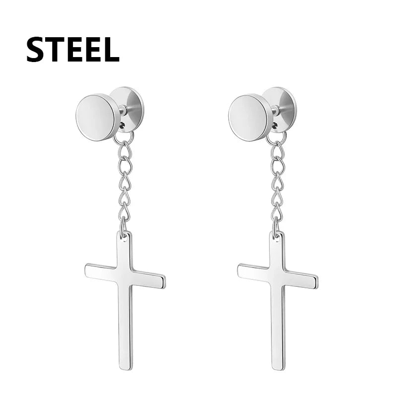 2pc Stainless Steel Men Cross Stars Punk Dangle Earrings Gothic Woman Cross Ear Hoop Earrings Huggies Pendant Piercing Jewelry - Clikcy