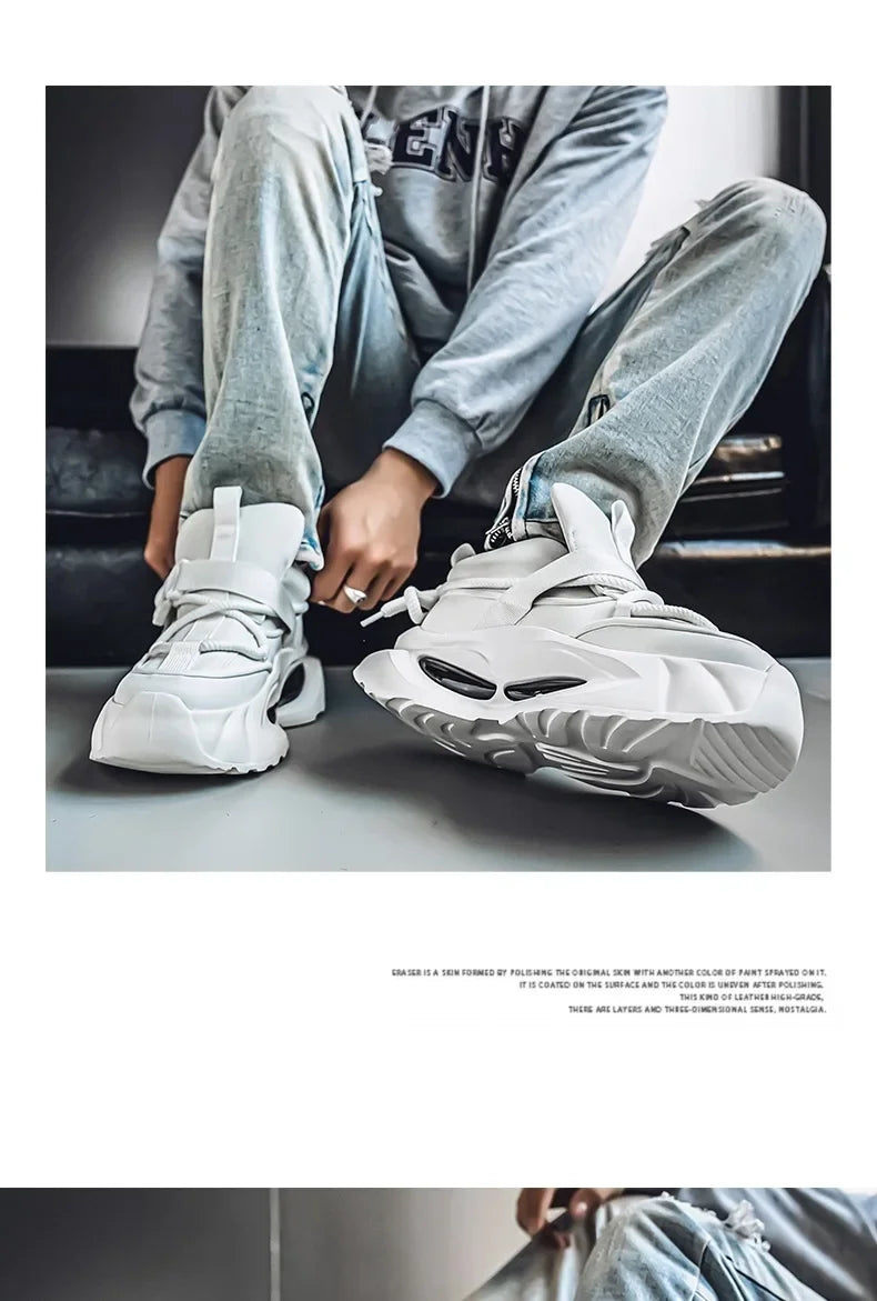 Waterproof Thick Bottom Dad Shoes Outdoor Sports Black Leather Surface Pure Color Spring Autumn Seasonal Style Casual Sneakers