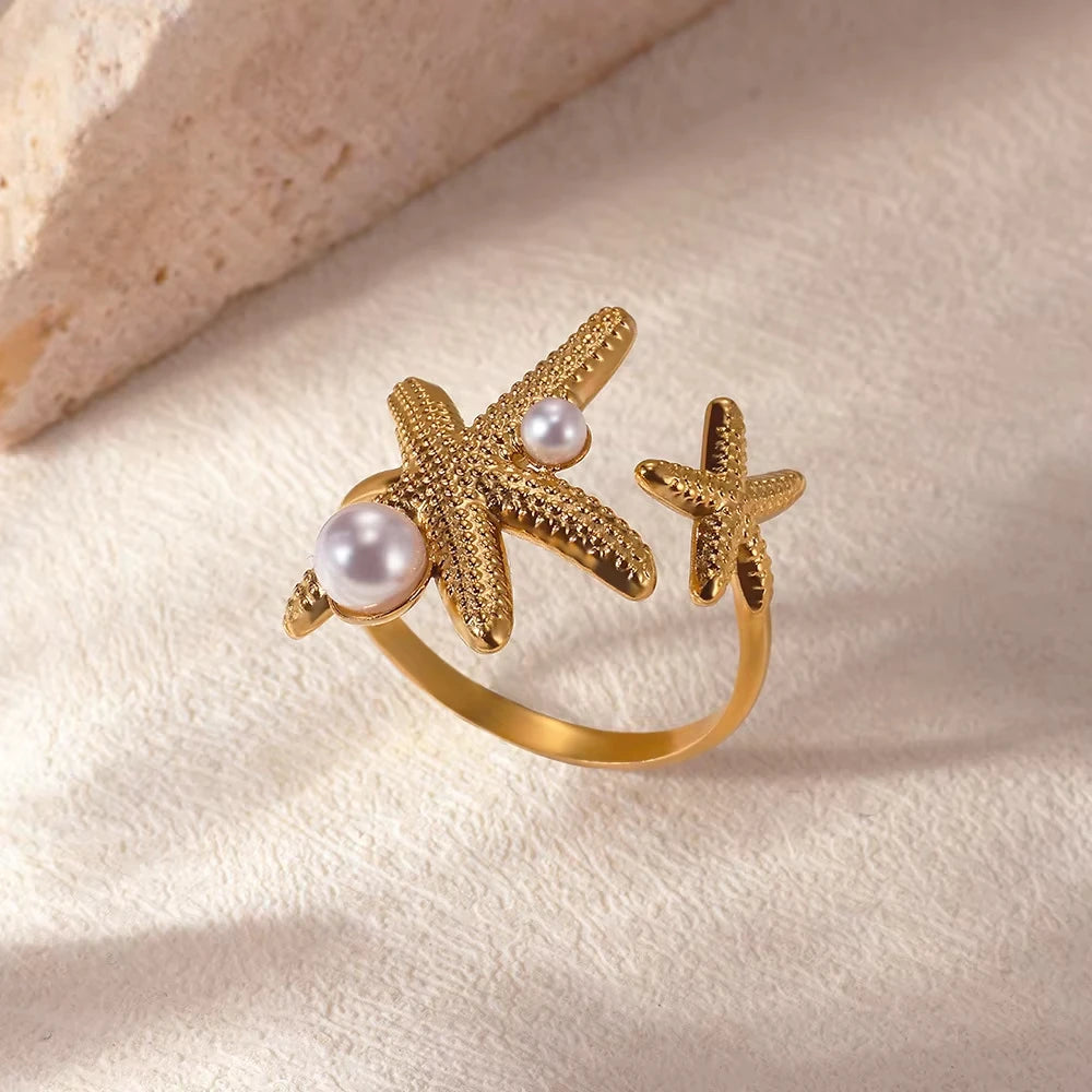 Ocean Starfish Shell Open Rings For Women Gold Color Stainless Steel Ring Summer Beach Aesthetic Waterproof Jewelry Gift - Clikcy