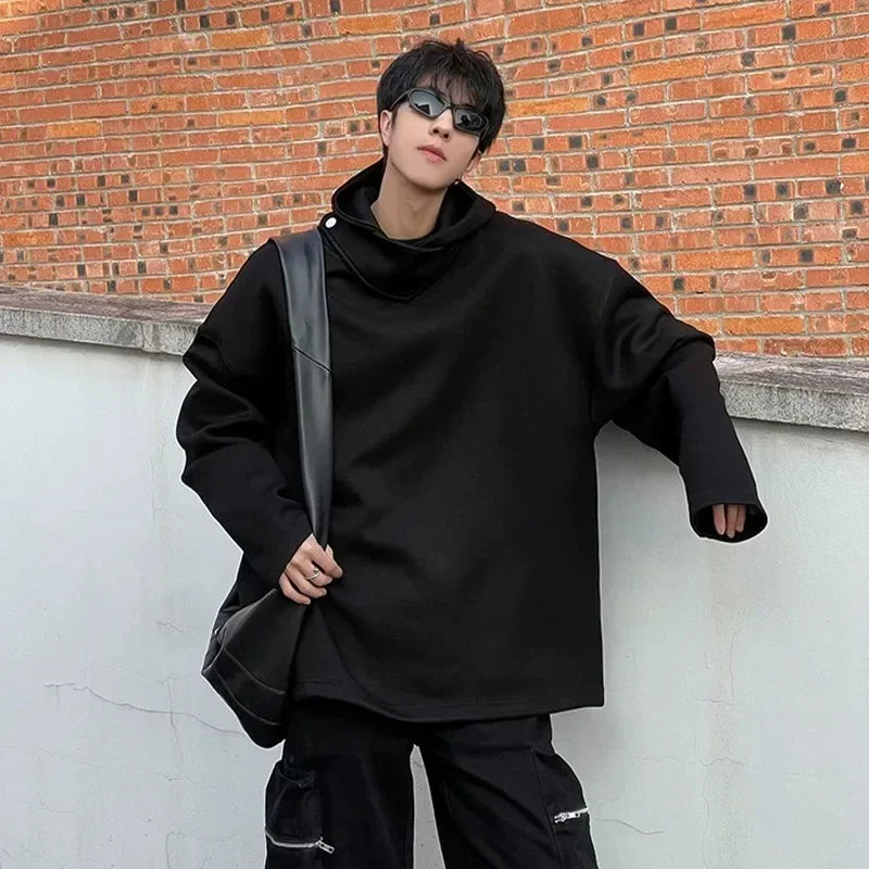 Autumn Y2K Vintage Turtleneck Design Hooded Sweatshirts Men's Solid Color Pullover Hoodies New High Street Fashion Tracksuit - Clikcy