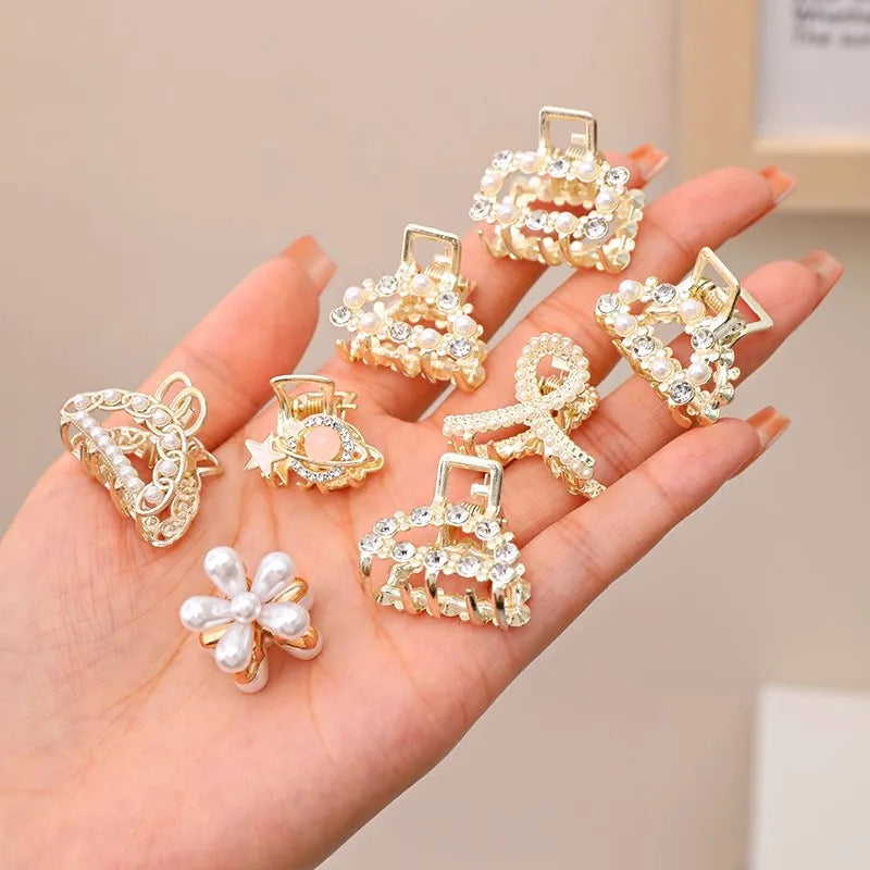 6/8/10PCS/Set Small Rhinestone Pearls Geometric Metal Hair Claws For Women Girls Sweet Mini Hair Clips Hairpins Hair Accessories - Clikcy