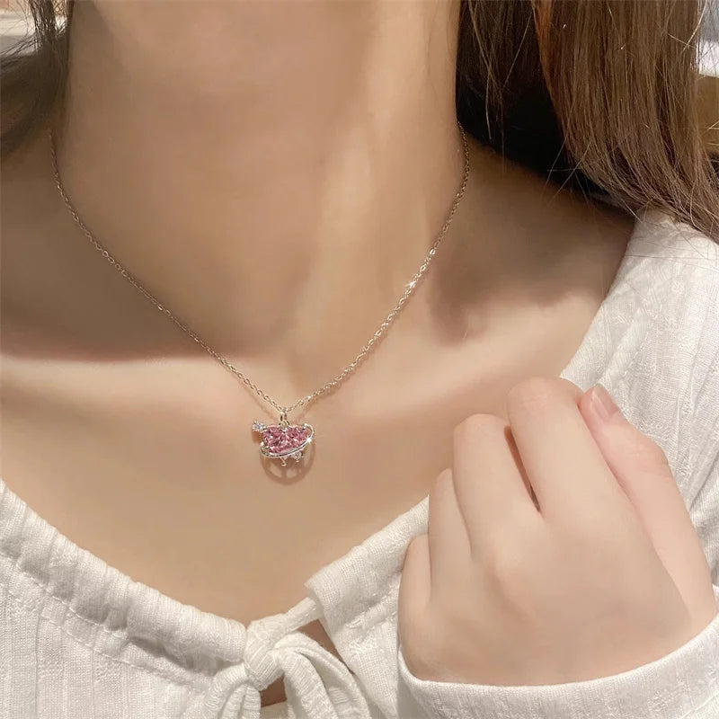 Y2K Pink Planet Heart Zircon Pendant Necklaces Women Fashion Aesthetic Clavicle Chain Necklace Valentines Day Gift Party Jewelry - Clikcy