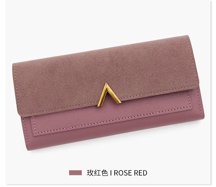 New Korean version women's wallet long V-shaped buckle three fold wallet for women, hand-held bag, change card bag - Clikcy