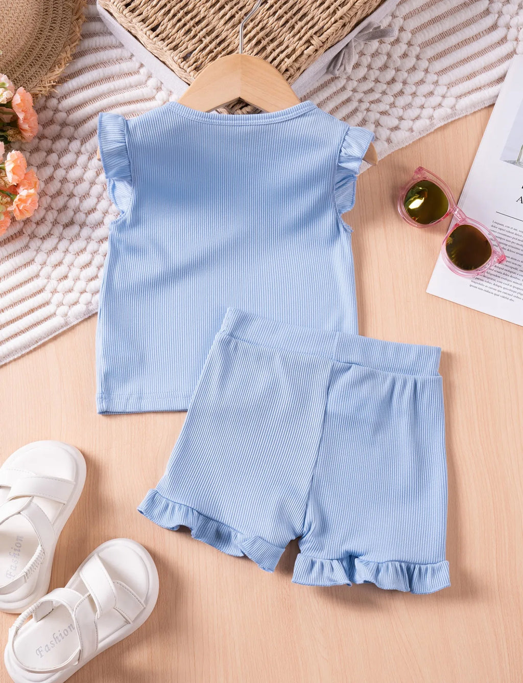 Summer Toddler Girl Ruffle Sleeve 2pcs Set Sleeveless T-shrits Top and Shorts Outfit for Kids Girls Solid Suit Clothing - Clikcy
