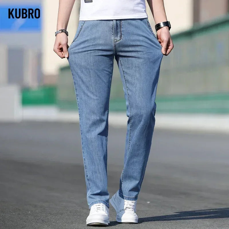 KUBRO 2024 Summer New Men's Loose Stretch Gray Jeans Fashion Casual Stretch Straight-leg Denim Pants Male Light Blue Brand - Clikcy