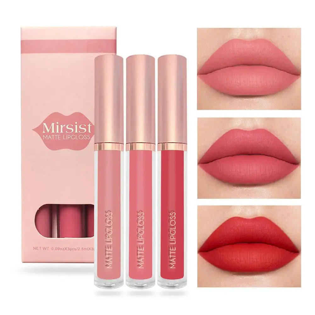 3Pcs Matte Liquid Lipstick Lip Makeup Kit Lip Gloss Lip Glaze Lip Mud Three Sets Of Velvet Mist Lipstick Non-fading - Clikcy
