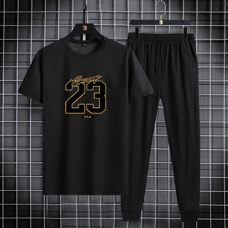 Summer new men's round neck quick drying casual sports fitness breathable short sleeved+shorts set two-piece set - Clikcy