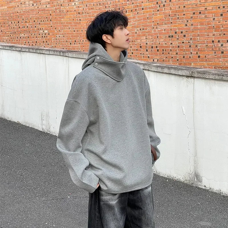 Autumn Y2K Vintage Turtleneck Design Hooded Sweatshirts Men's Solid Color Pullover Hoodies New High Street Fashion Tracksuit - Clikcy