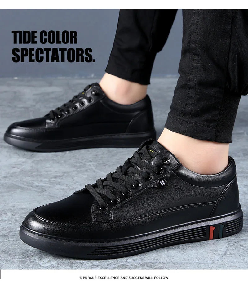 Spring Autumn Genuine Leather Shoes Men Footwear Soft Cowhide Casual Flat Brand Pure Black - Clikcy