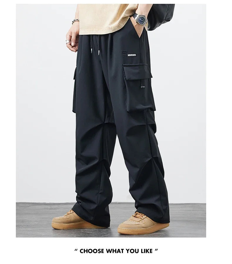 New Plus Size 8XL Men Casual Straight Pants Trousers Ice Silk Fashion Hip Hop Sweatpants Outdoor Stand Pocket Cargo Pants Y2K - Clikcy