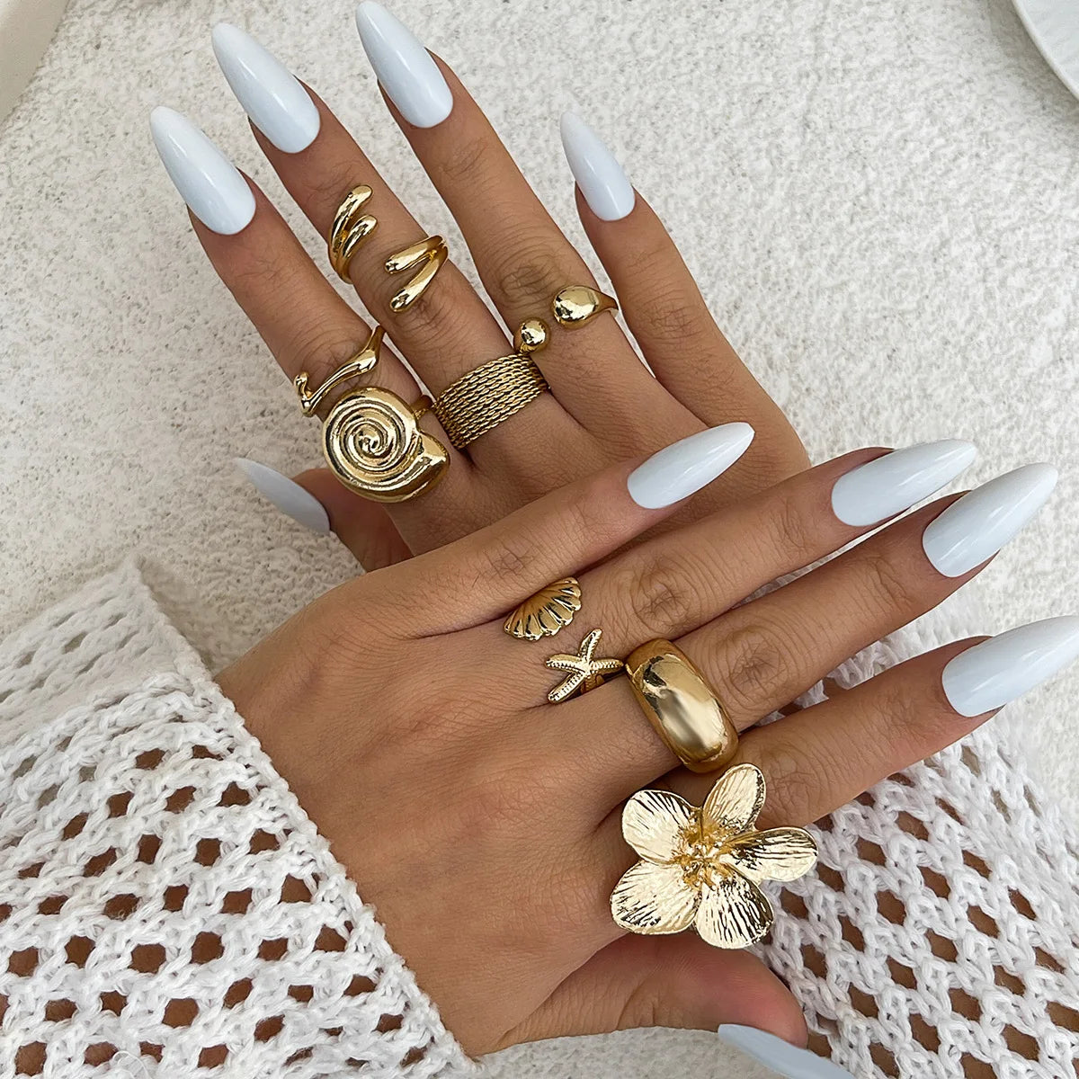DIEZI One Set Vacation Beach Style Flower Starfish Knuckle Rings For Women Bohemian Vintage Gold Silver Color Open Joint Ring - Clikcy
