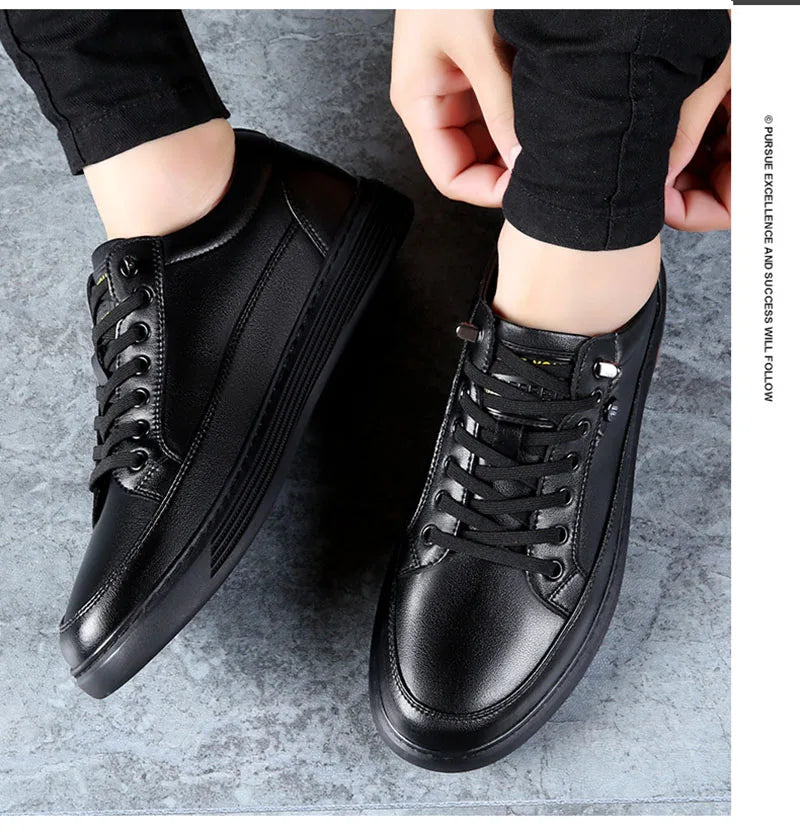 Spring Autumn Genuine Leather Shoes Men Footwear Soft Cowhide Casual Flat Brand Pure Black - Clikcy