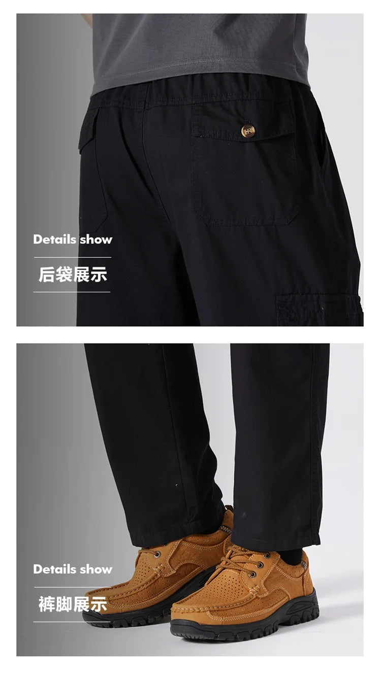100% Cotton Men's Cargo Pants Straight Fit Loose Work Trouser Male Spring Summer High Waist Big Size Large Plus Elastic Pocket - Clikcy