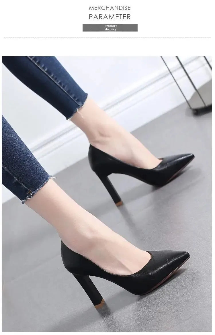 Women's Fashion High Heels 2025 New Style Versatile Thick Heel Pointed Toe Low Cut Shoes Comfortable PU Leather Casual Shoes - Clikcy