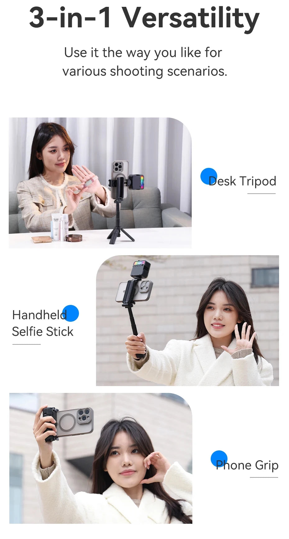 4-in-1 Multi-function Selfie Stick with Wireless Remote Control | Magnetic, Cell Phone Clip Dual Combination, 360° Rotation - Clikcy