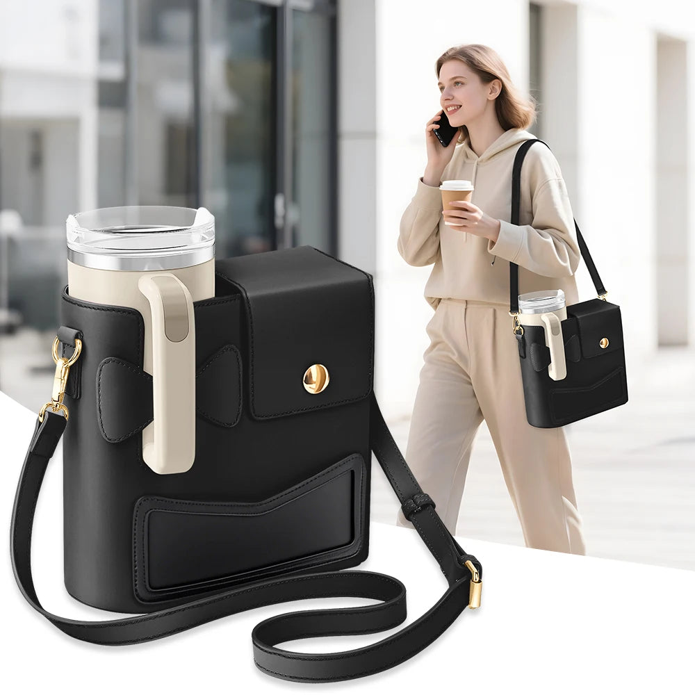 Outdoor Water Bottle Crossbody Bag With Pocket for Stanley Cup 40 oz Tumbler Leather Water Cup Holder With Strap for Women Gifts - Clikcy