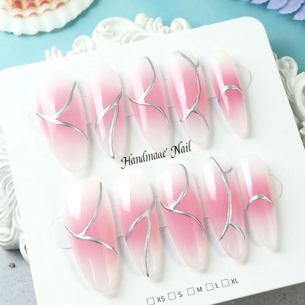10pcs Handmade Long Press on Nails  Pink Gradient Glossy Blush 3D Silver Cord Art Design Jelly Glue&Nail File,Reusable Fake Nail - Clikcy