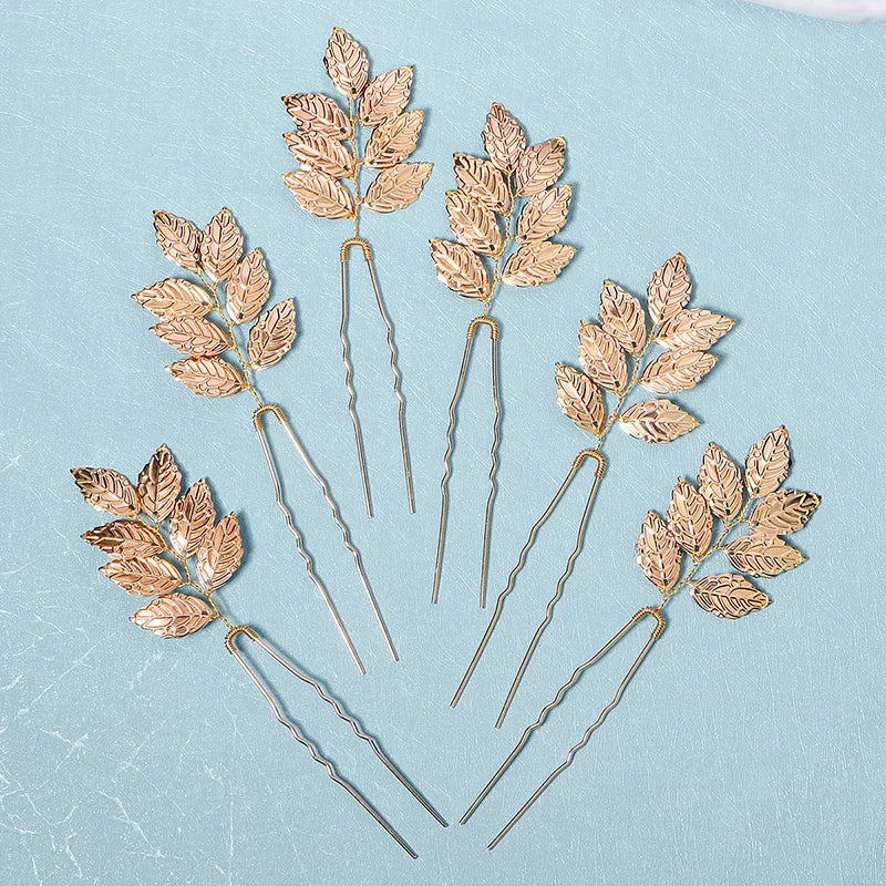 6PCS Gold Leaf Metal Hairpin Fashion Bridal Headdress Hair Accessories Rhinestone Crystal Hair Clips For Women Holiday Gift - Clikcy