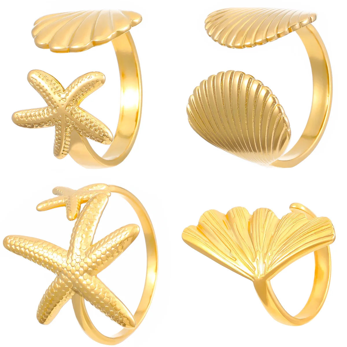 MHS.SUN Ocean Style Stainless Steel Starfish Shell Rings For Women Girl Vintage Gold Plated Open Ring Summer Beach Jewelry