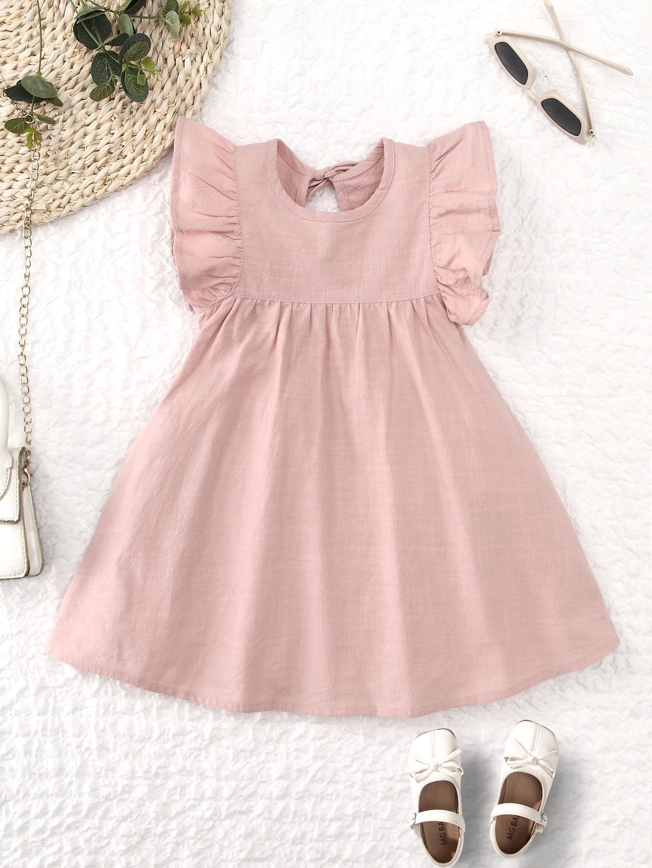 Toddler girls dresses kid's summer wear Pure color puffy sleeves girl dress back collar tie princess dress - Clikcy