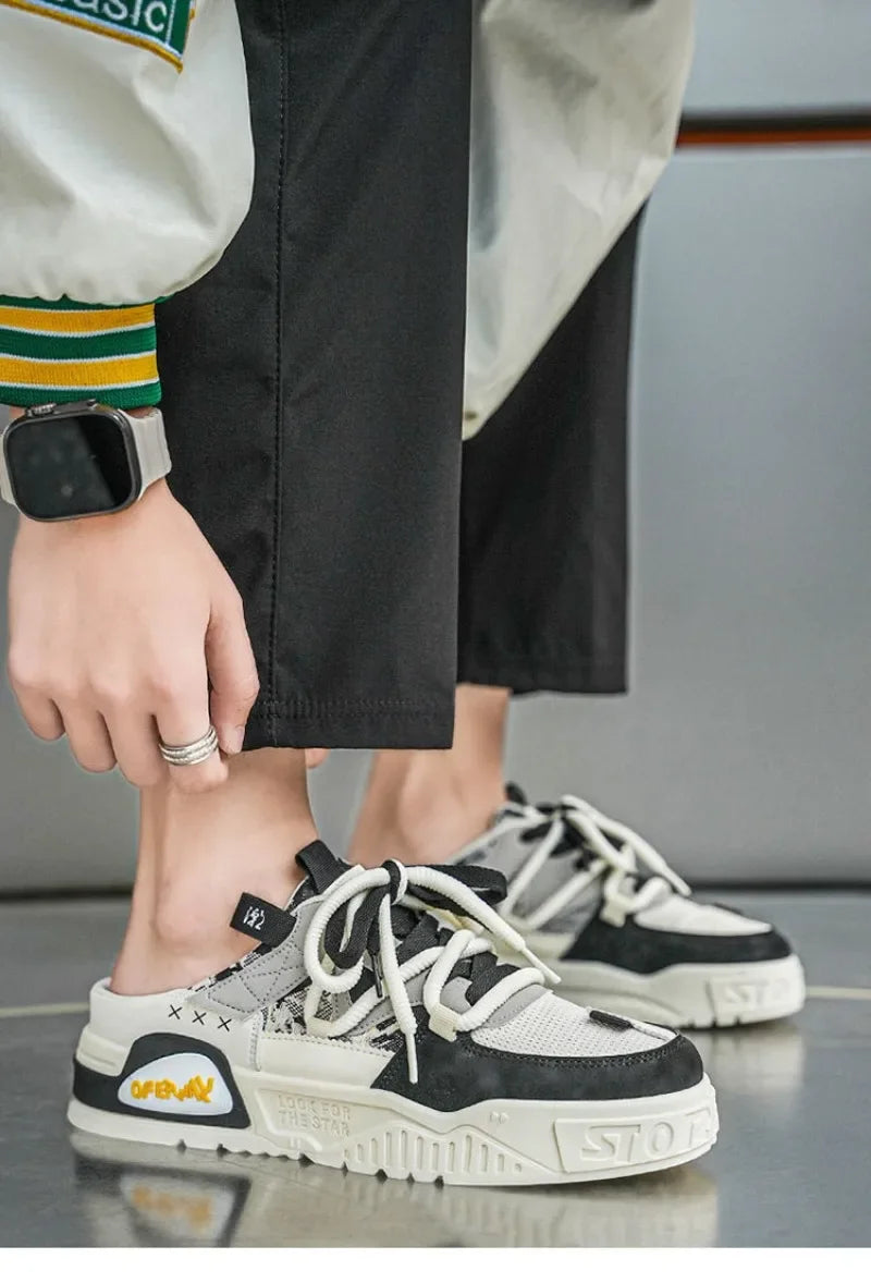 2025Summer Fashion Designer Men Half Slipper Breathable Casual Platform Shoes Lightweight Sneakers Outdoor Walking Flats Loafers