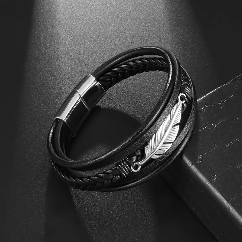 Multilayer Feather Leather Wrap Bracelet Men Classic High Quality Jewelry Gift Male Business Bracelet with Metal Magnetic Clasp - Clikcy