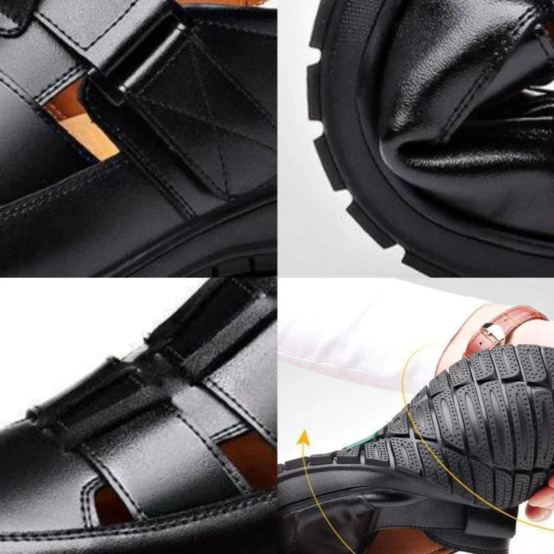 Summer New Men's Hollow up PU Leather Breathable Sandals Non-slip Flat Soft Bottom Handmade Trendy Design Shoes Men's Shoes - Clikcy