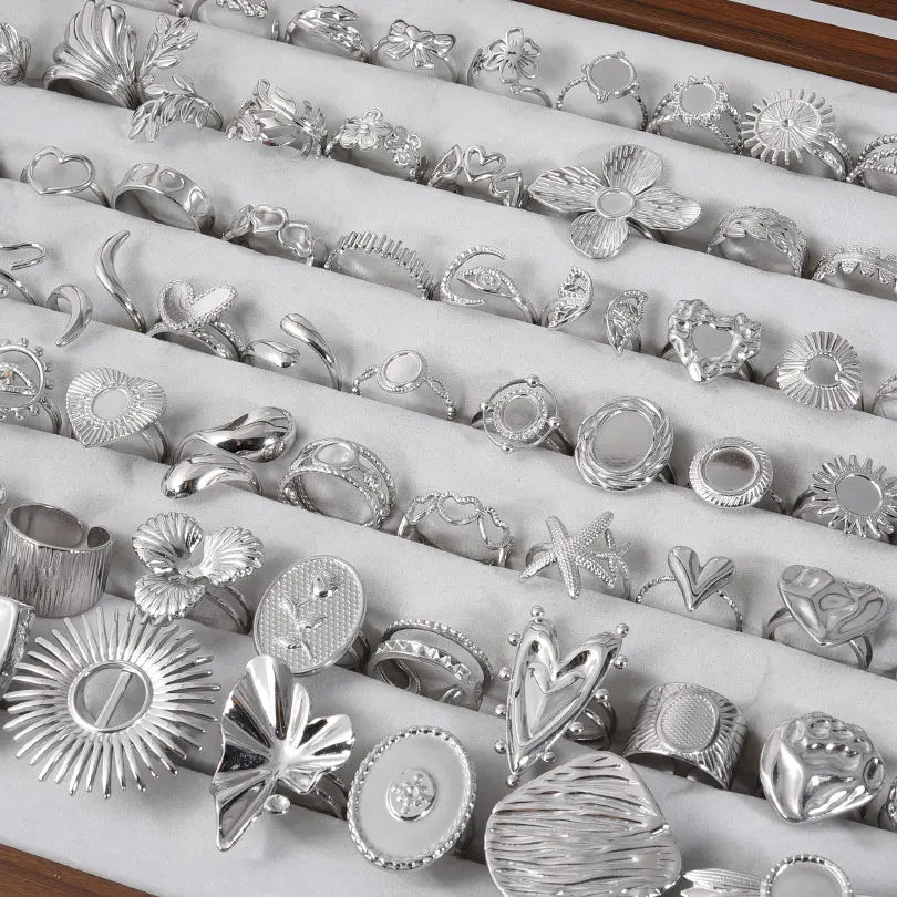 Random 5/10pcs Silver Color Stainless Steel Mix Rings For Women Men Accessories Open Ring Finger Jewelry DIY Blank Settings Gift - Clikcy