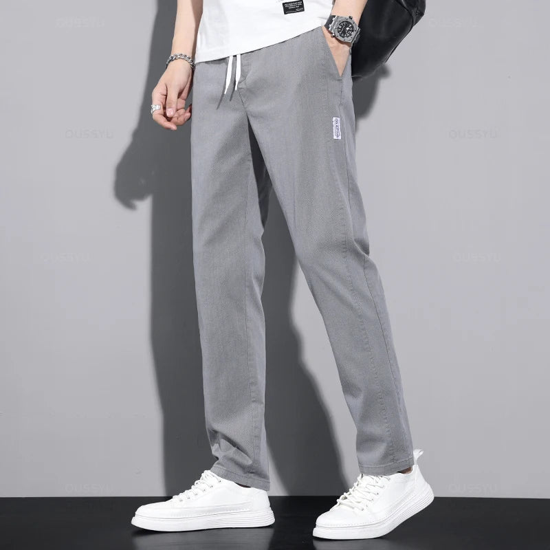New Spring Summer Cotton Men's Casual Pants Classic Drawstring Elastic Waist Thin Stretch Blue Jogging Work Cargo Trousers Male - Clikcy