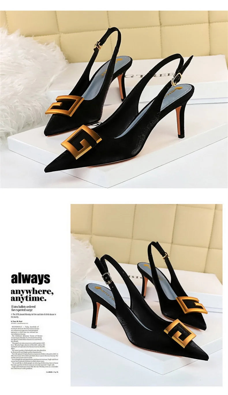 Metal Square Buckle Thin Heel Party Shoes Black Green White Woman Pointed Toe Hollow Back Strap Pumps Middle Heel Sandals - Clikcy