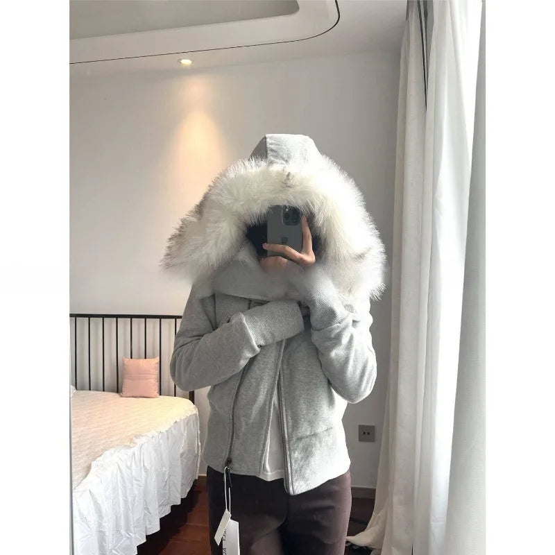 American Fashion Trend New Gray Padded Hooded Sweater Coat Female Y2K Harajuku Vintage Popular Casual Joker Zipper Cardigan - Clikcy