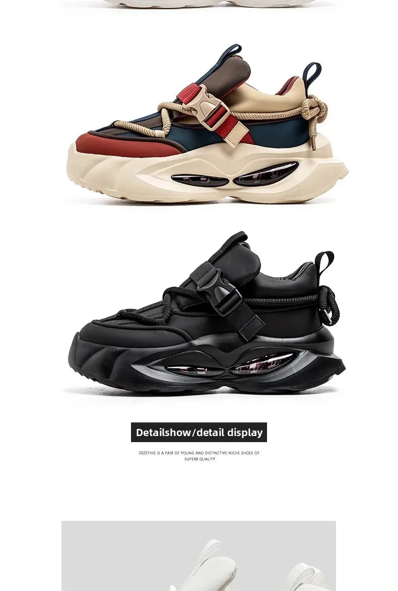 Waterproof Thick Bottom Dad Shoes Outdoor Sports Black Leather Surface Pure Color Spring Autumn Seasonal Style Casual Sneakers