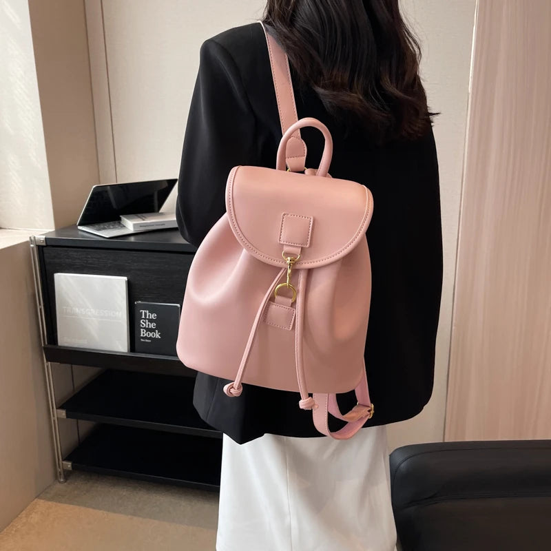 Genuine PU Leather Backpack Female Large Capacity Casual School Bag Solid Drawstring Travel Shoulder Bag Korean Fashion Backpack - Clikcy