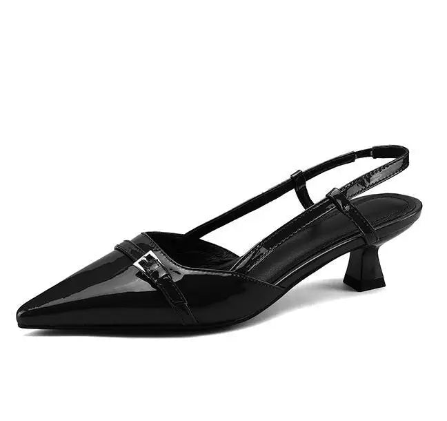 2024 New Summer Women's Dress Shoes Patent Leather Slip on Pointed Toe Sandals Buckle Slingbacks Mid Heels Pumps Sandalias Mujer - Clikcy