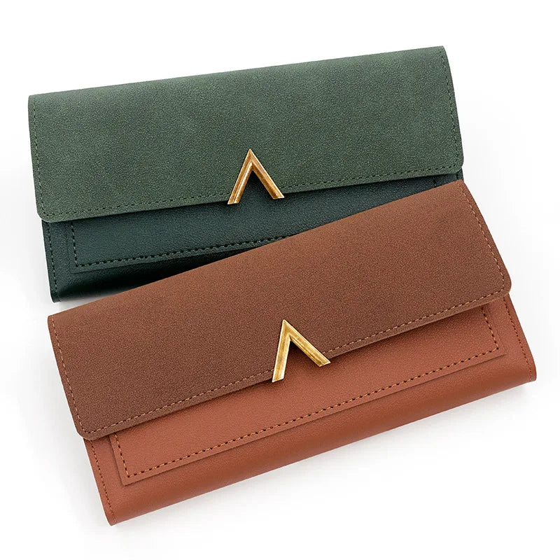 New Korean version women's wallet long V-shaped buckle three fold wallet for women, hand-held bag, change card bag - Clikcy