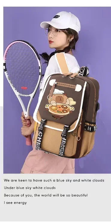 Stylish Kawaii Capybara Computer Backpack College School Casual Daypack Teens Bag Large Capacity Adjustable Strap Schoolbag - Clikcy