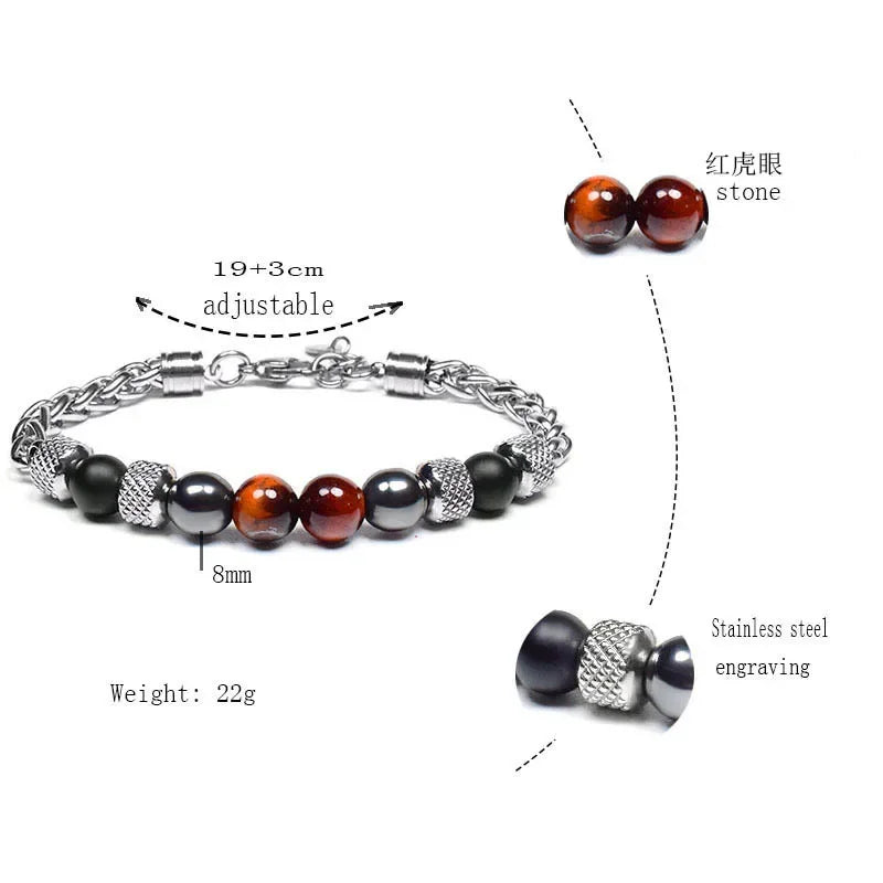 Elviragirl Natural Stone Beaded Bracelet For Women Men Stainless Steel Tiger Eye Bracelets Male Jewelry Size Adjustable - Clikcy