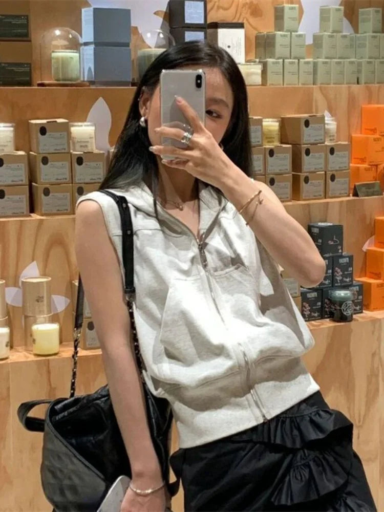 2024 Zipper Pocket Design Women Crop Top Y2k Aesthetic Vintage Grunge Solid Hoodies Japanese Streetwear Hooded Tee Shirts Summer - Clikcy