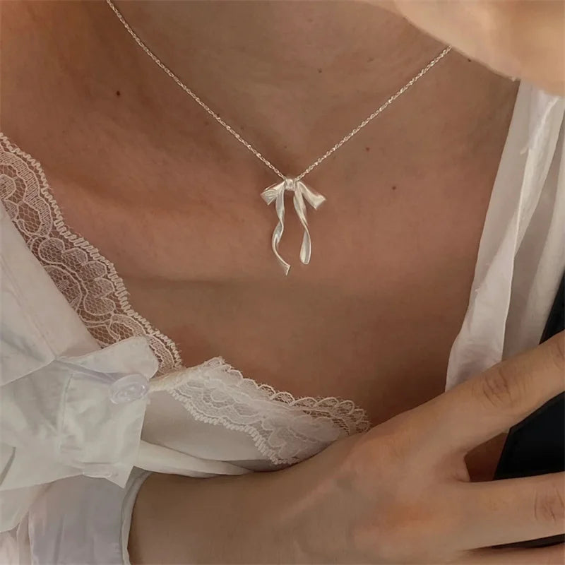Exquisite Clavicle Chain Elegant Scrub Bow Pendant Necklace For Women Girls Temperament Collar Chain Korean Student - Clikcy