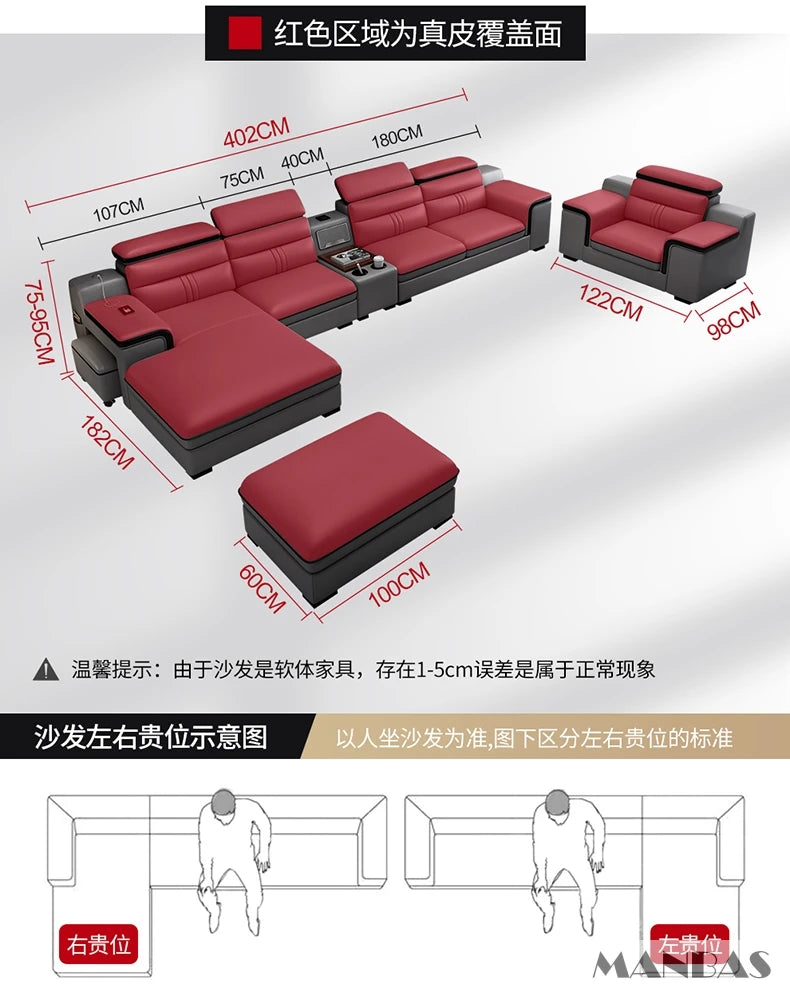 MINGDIBAO Leather Sectional Sofa Set with Cup Holder, USB, Adjustable Headrests & Bluetooth Speaker Living Room Couch with Stool - Clikcy